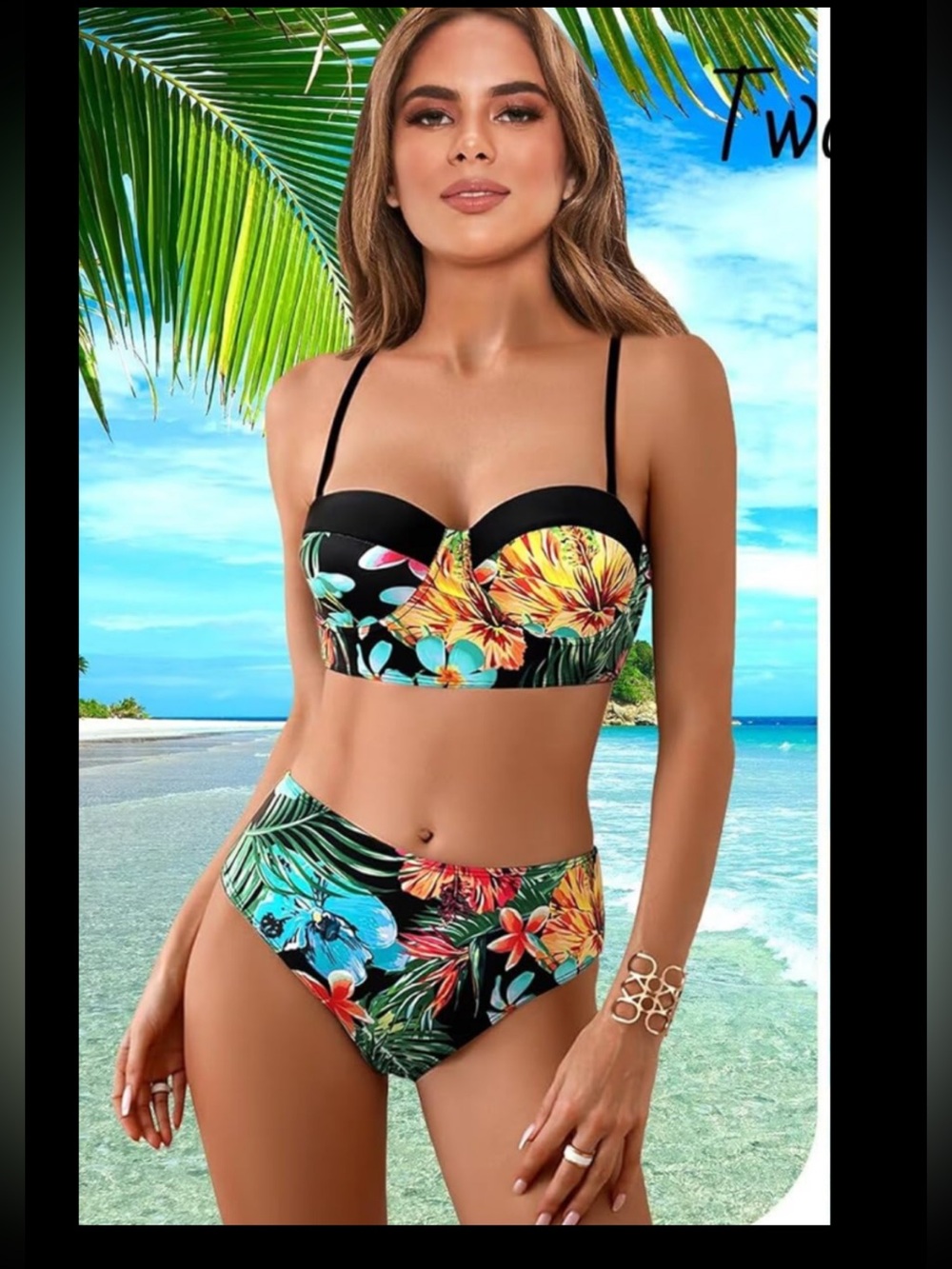 Tropical Floral Underwire Bikini Set in Black with Green & Multicolor Print